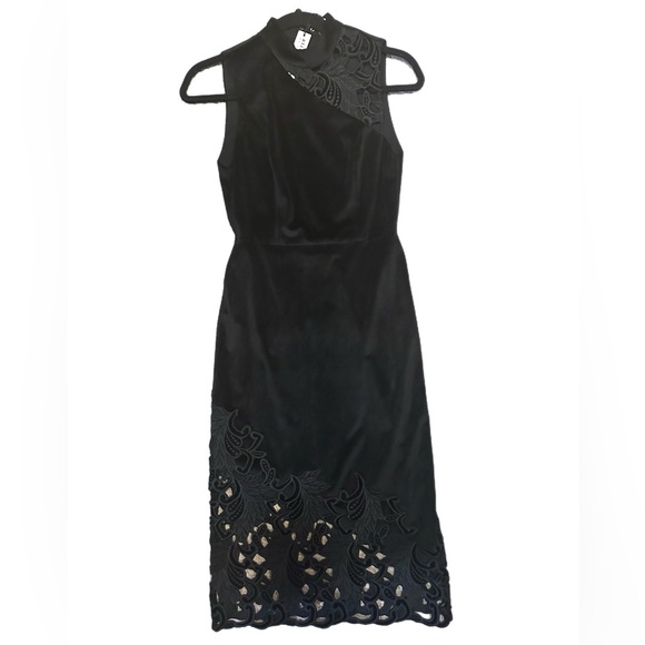 Alice + Olivia Embroidered Lace Velvet Stretch Sheath Midi Dress Size 0 Black - Picture 2 of 5